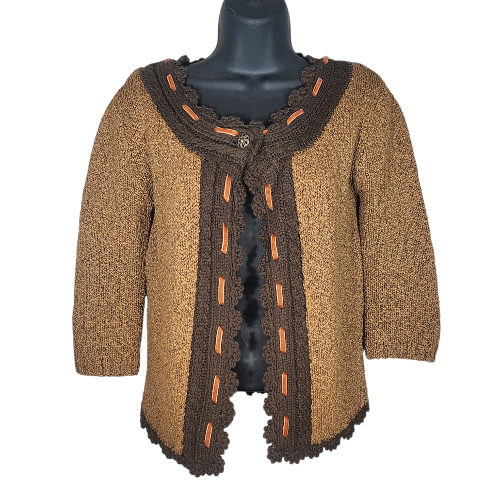 Kenzie Cardigan Stitched Shawl Sweater S Brown Gold Button Ribbon 3/4 Sleeves